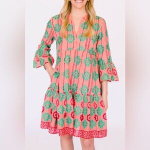 Oliphant Bell Sleeve Tiered Mini Rose Phoenix Dress Coral Block Print Boho XS